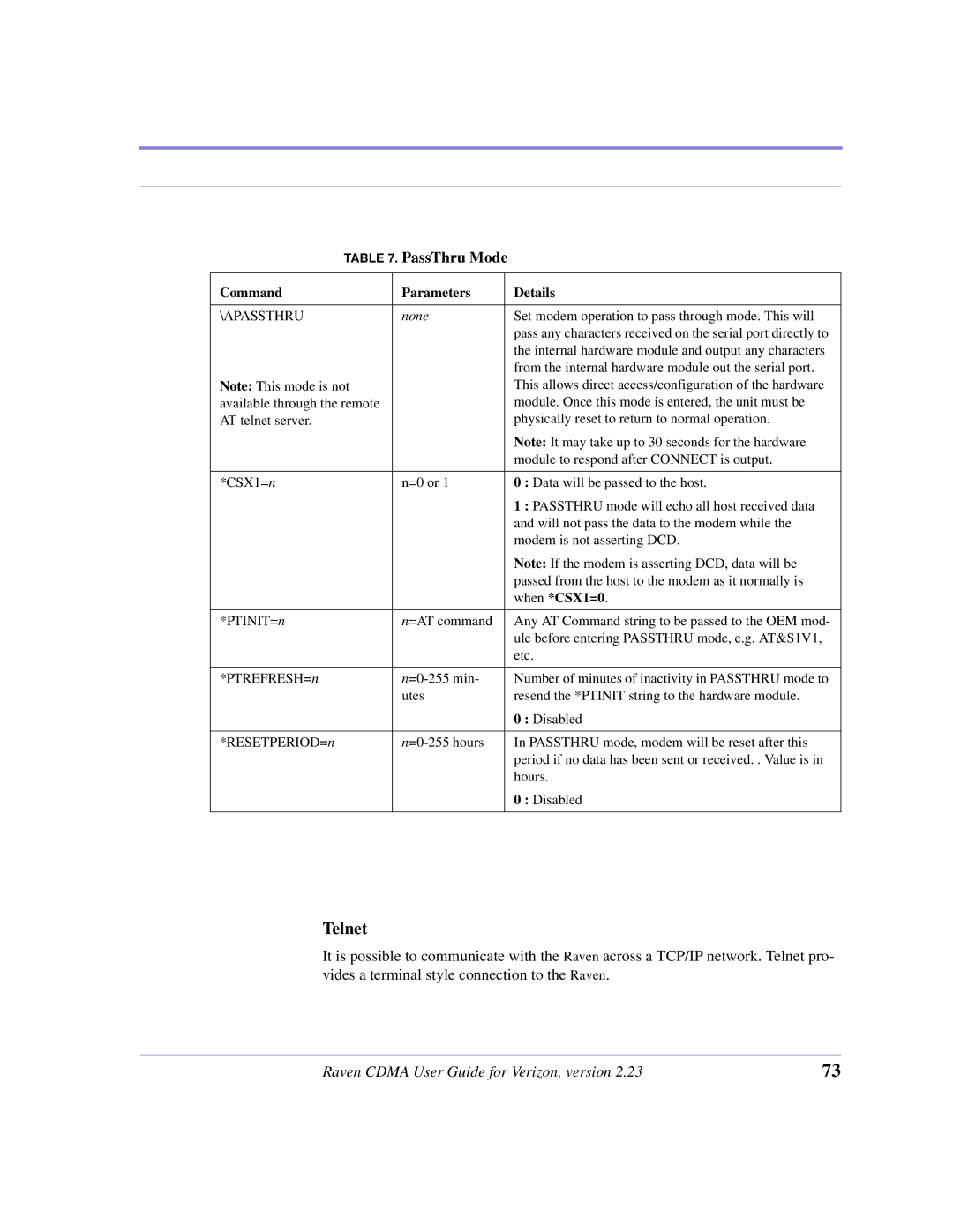 Airlink CDMA/1x manual Telnet, When *CSX1=0 