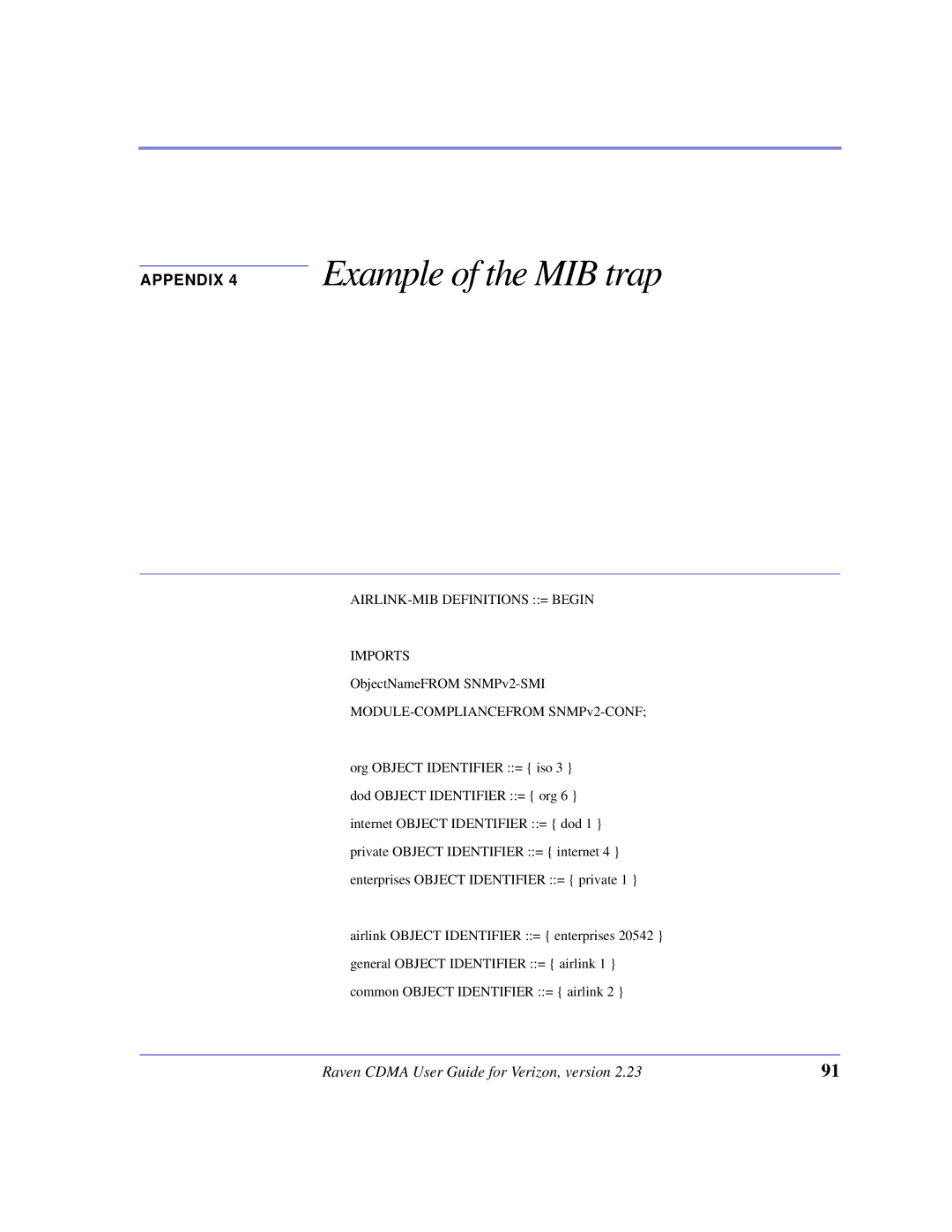 Airlink CDMA/1x manual Example of the MIB trap, AIRLINK-MIB Definitions = Begin Imports 