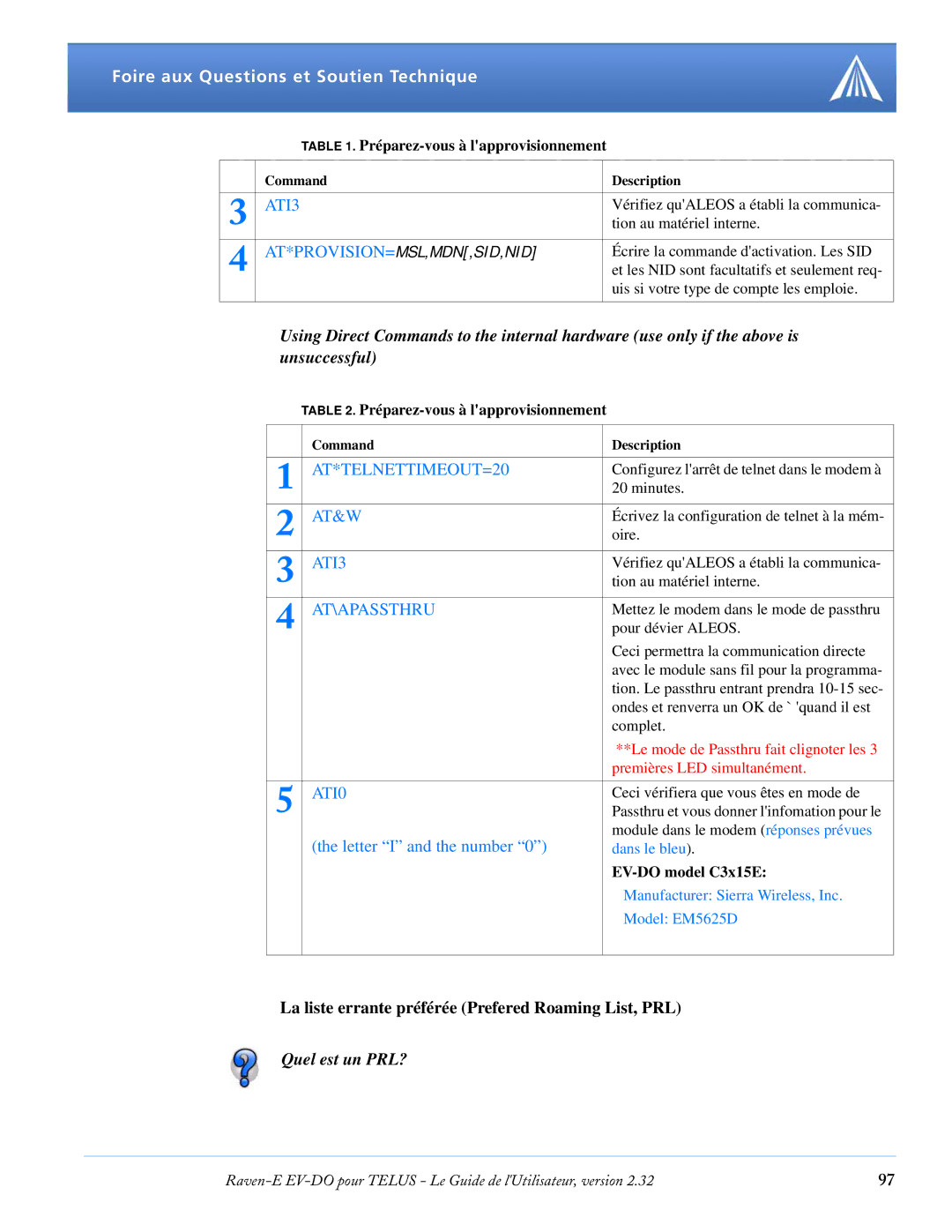 Airlink EV-DO manual ATI3, La liste errante préférée Prefered Roaming List, PRL 