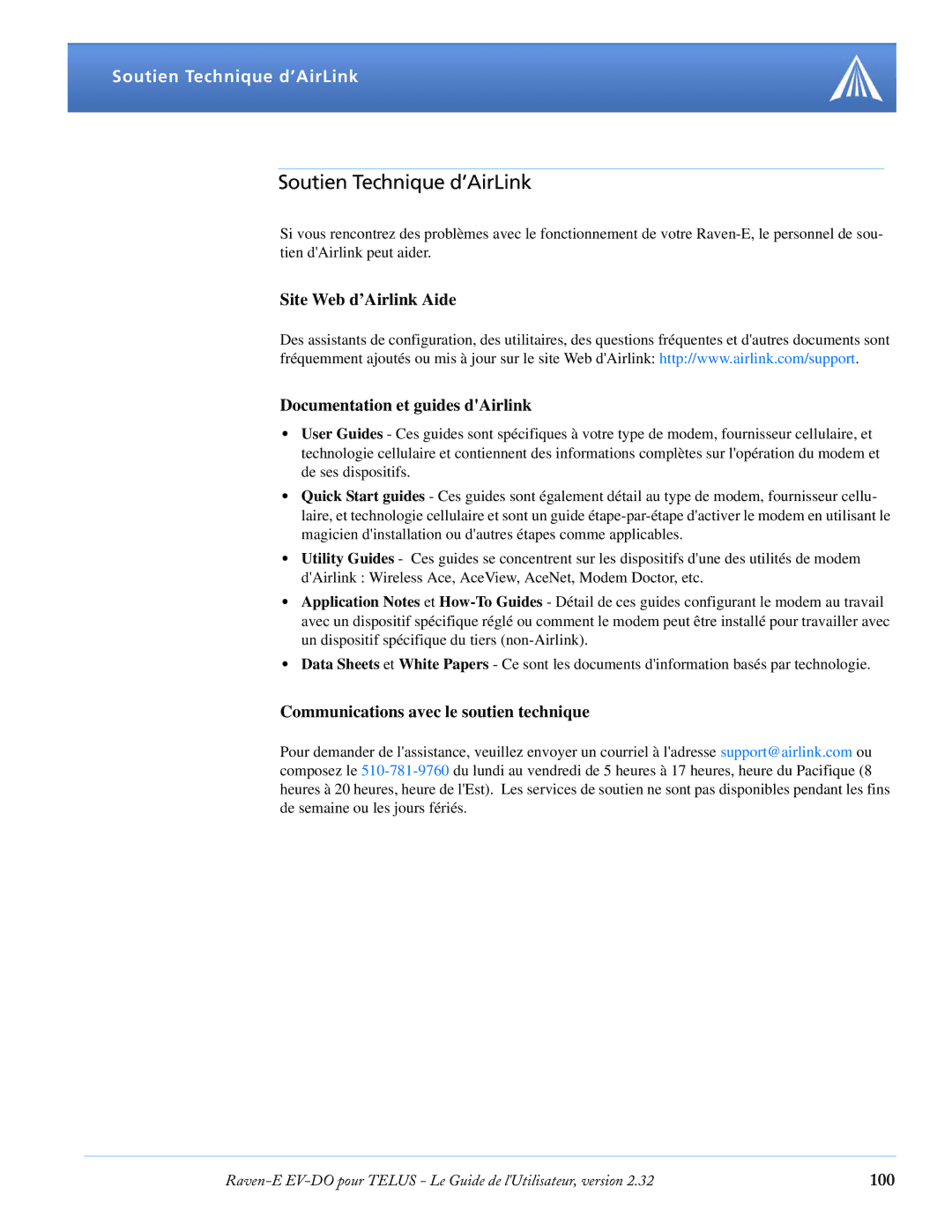 Airlink EV-DO manual Soutien Technique d’AirLink, Site Web d’Airlink Aide Documentation et guides dAirlink 