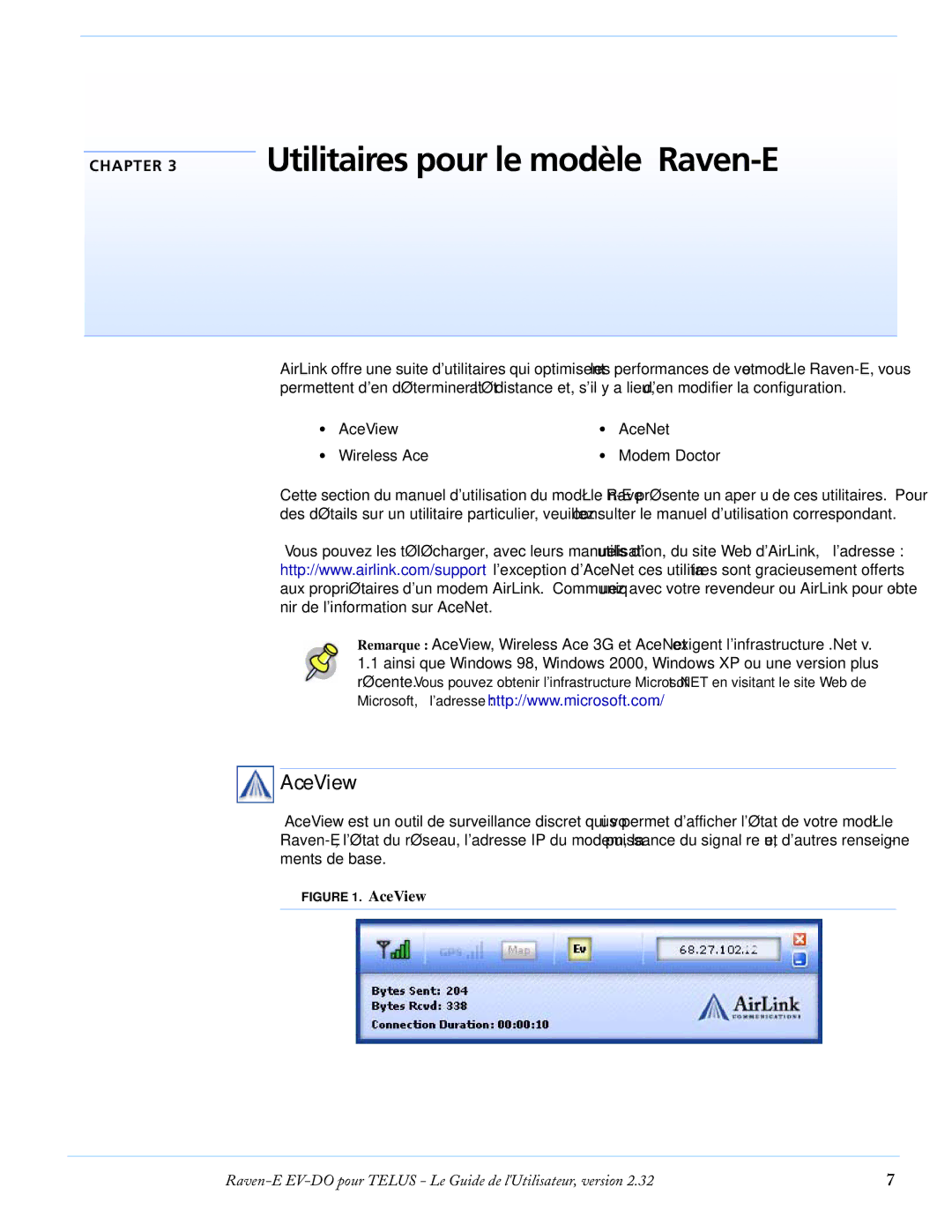 Airlink EV-DO manual Utilitaires pour le modèle Raven-E, AceView 