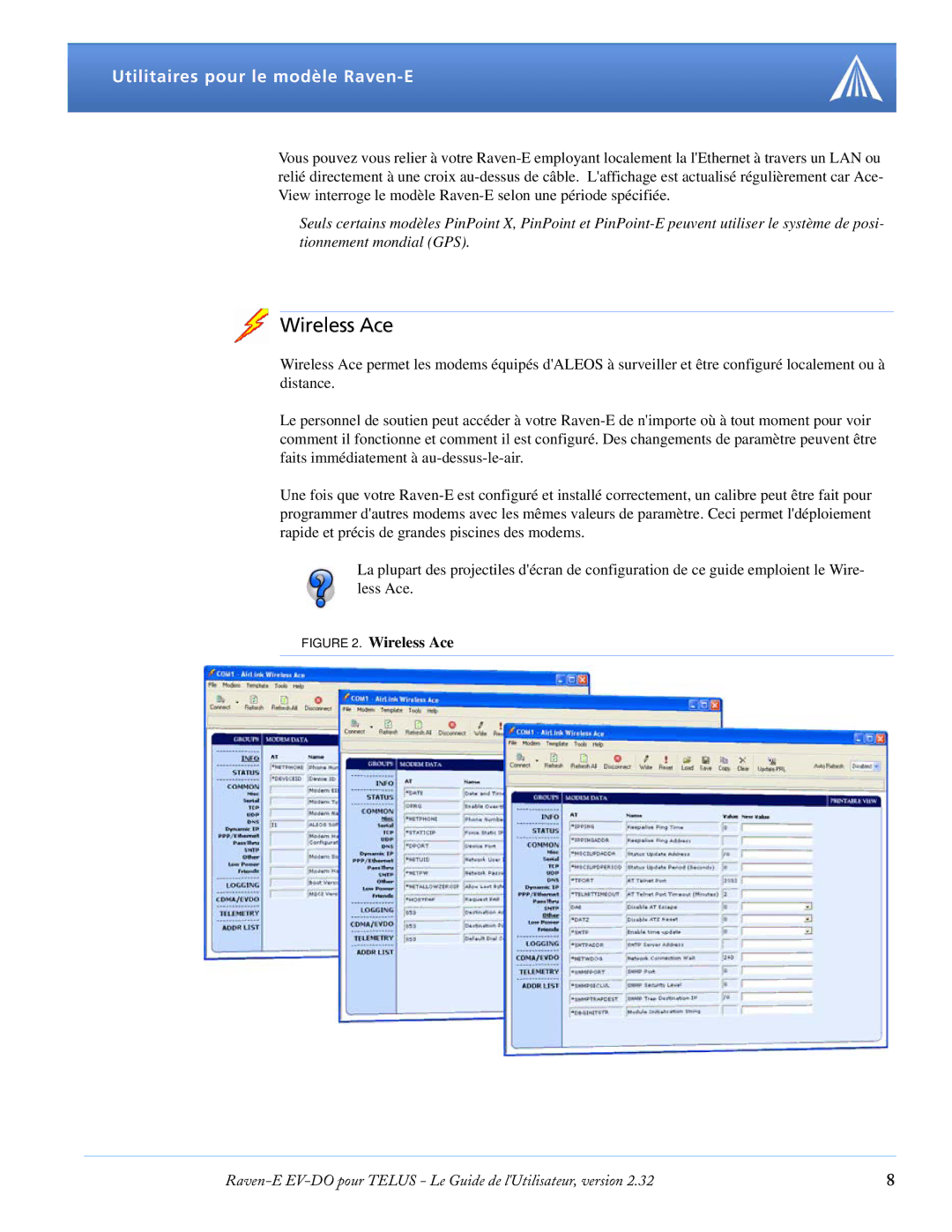 Airlink EV-DO manual Wireless Ace, Utilitaires pour le modèle Raven-E 