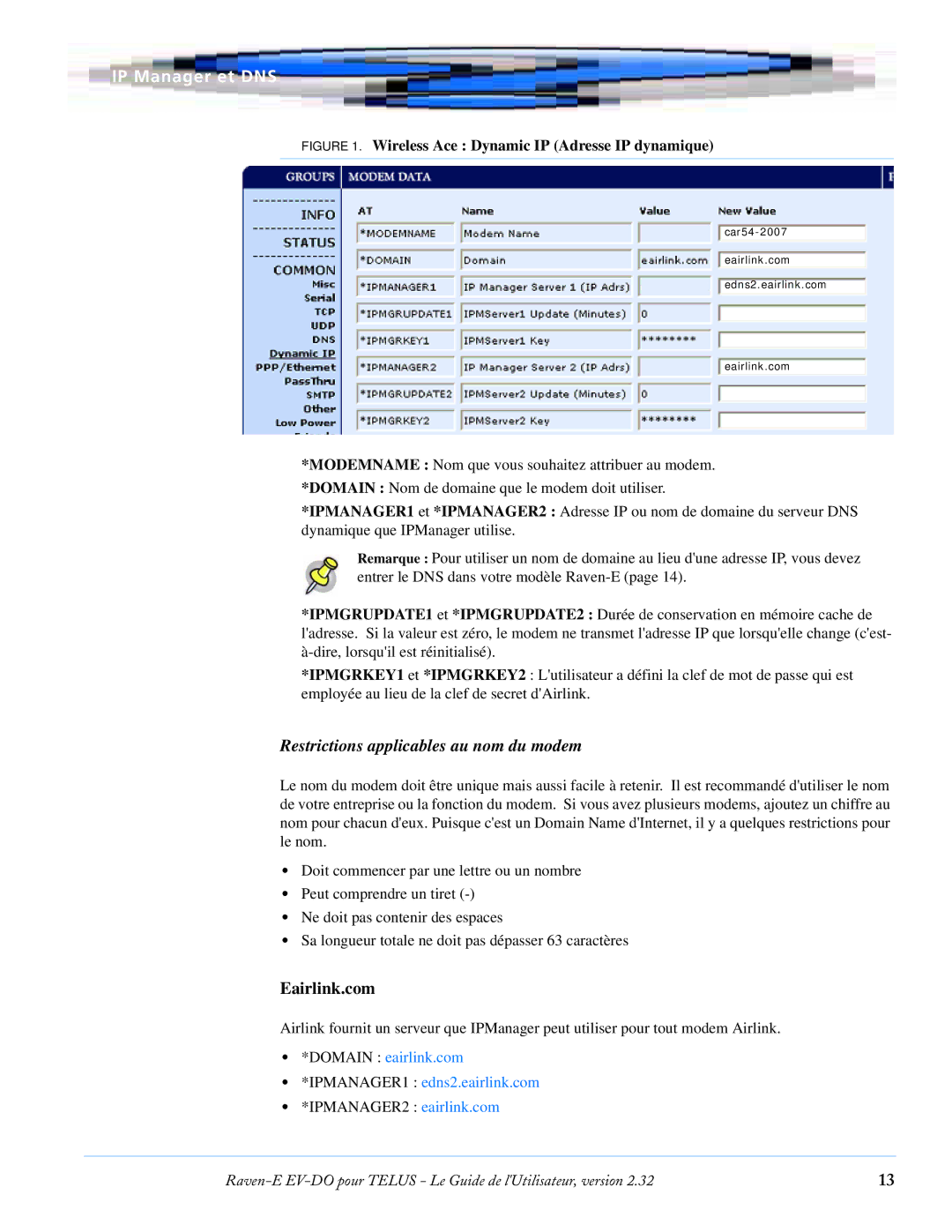 Airlink EV-DO manual Restrictions applicables au nom du modem, Eairlink.com 