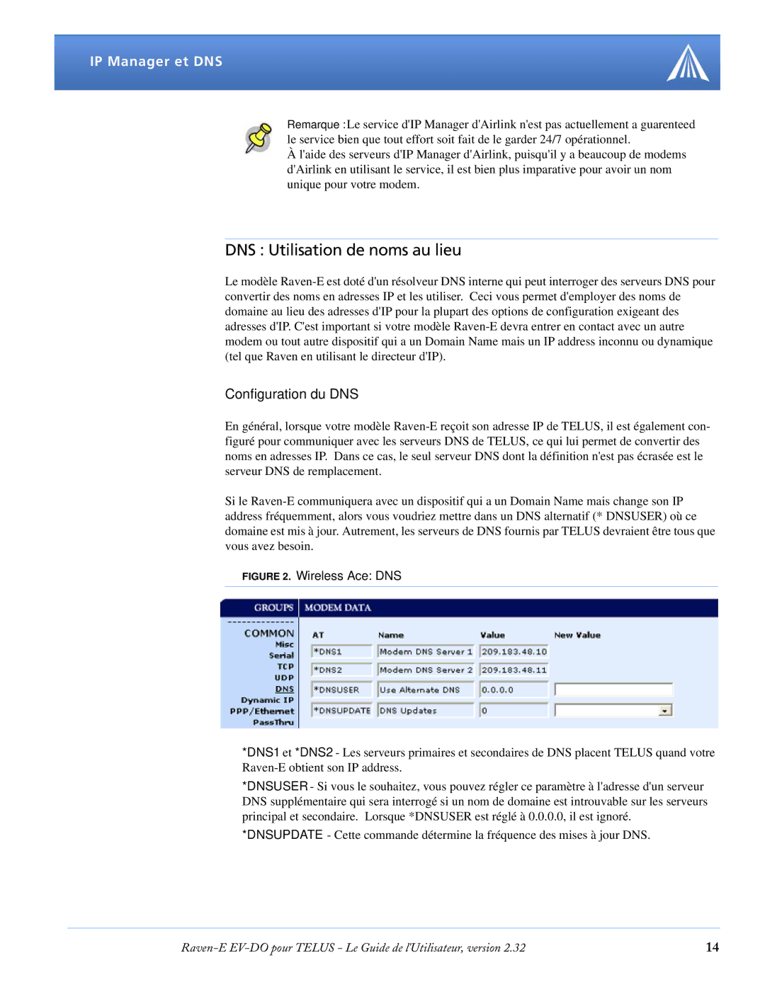 Airlink EV-DO manual DNS Utilisation de noms au lieu, Configuration du DNS 