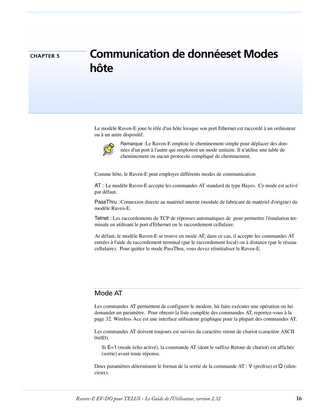 Airlink EV-DO manual Communication de donnéeset Modes hôte, Mode AT 