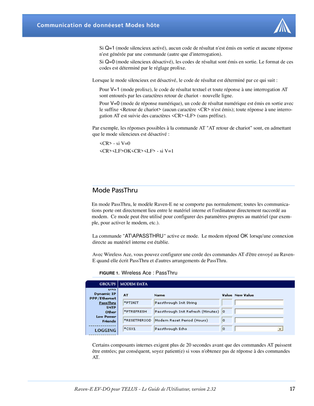 Airlink EV-DO manual Mode PassThru, Communication de donnéeset Modes hôte 