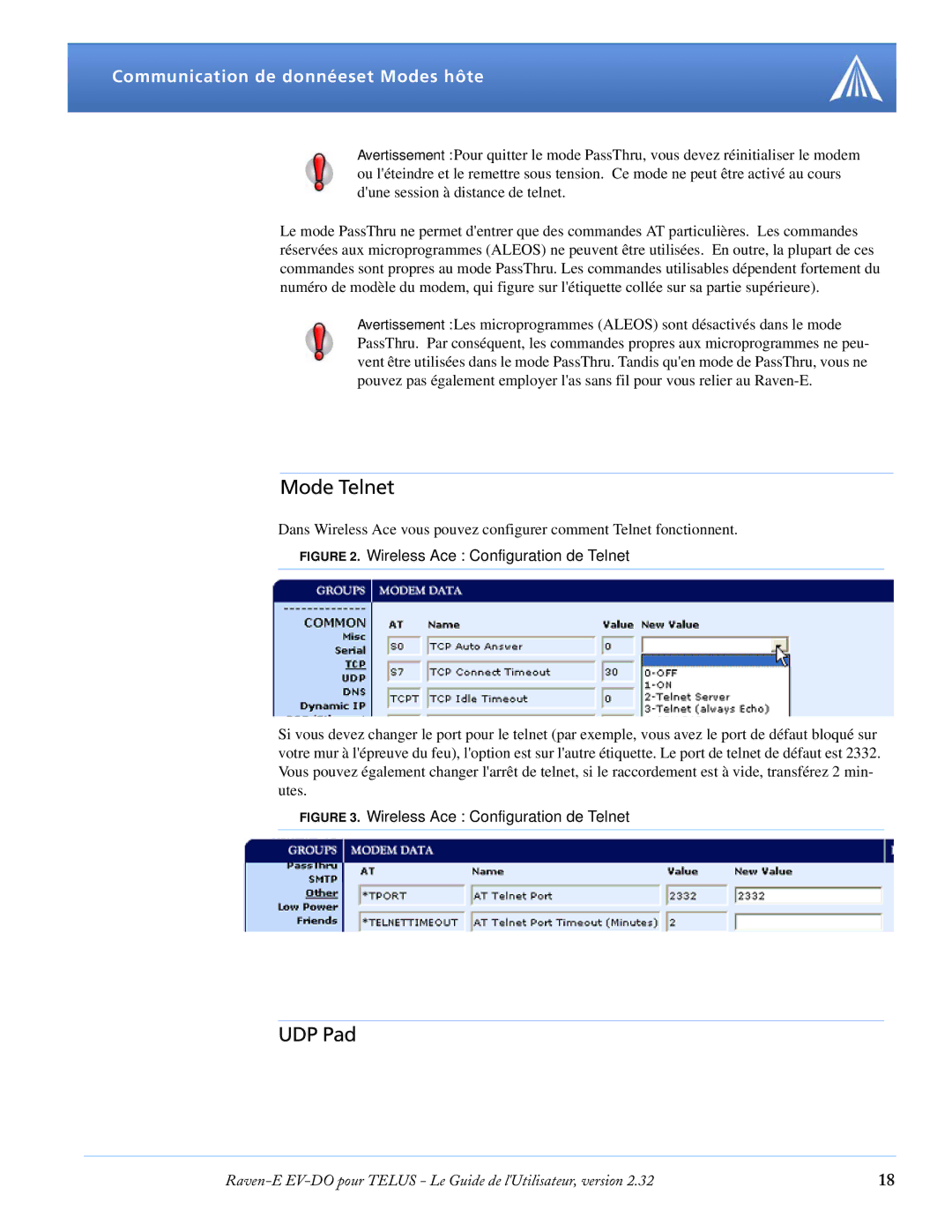 Airlink EV-DO manual Mode Telnet, UDP Pad 