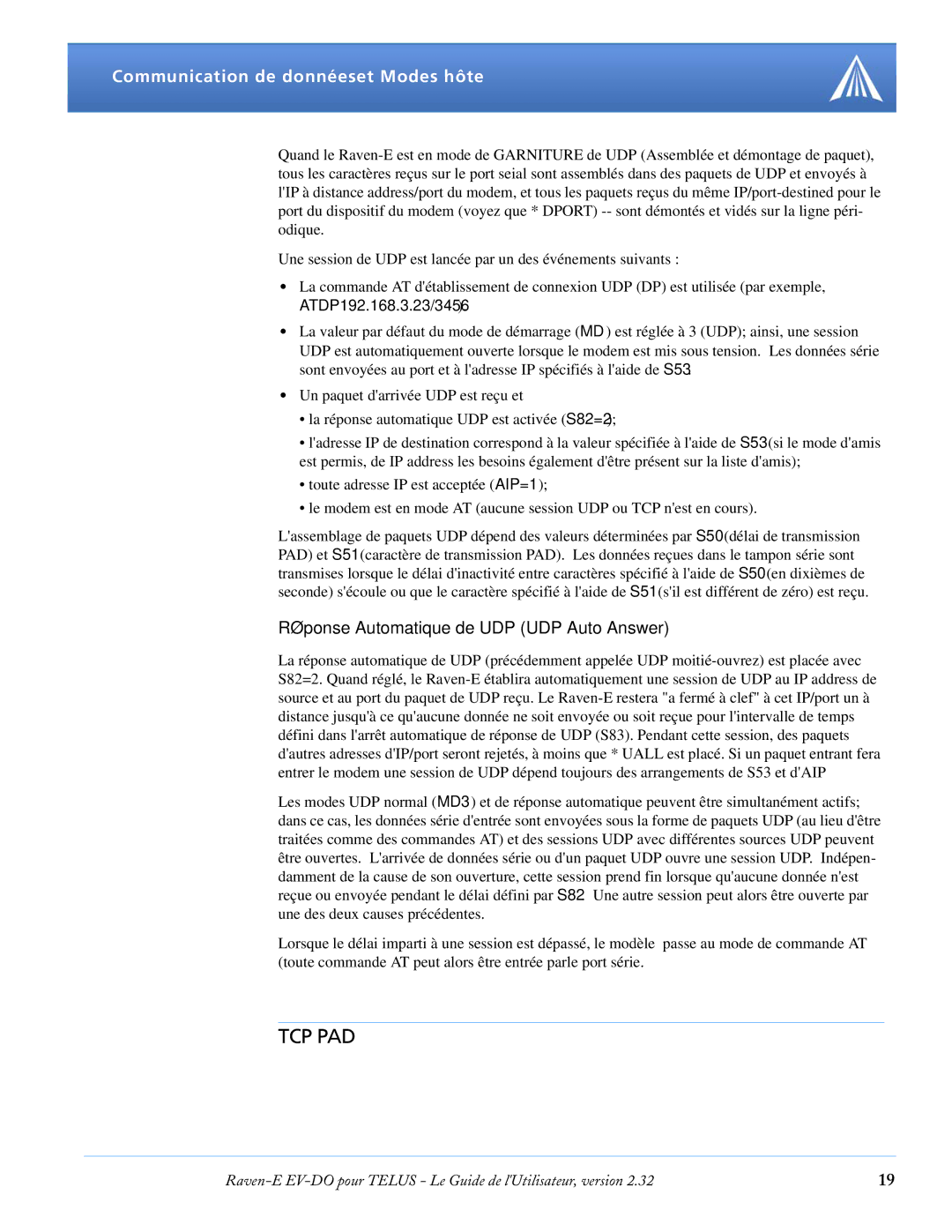 Airlink EV-DO manual Tcp Pad, Réponse Automatique de UDP UDP Auto Answer 