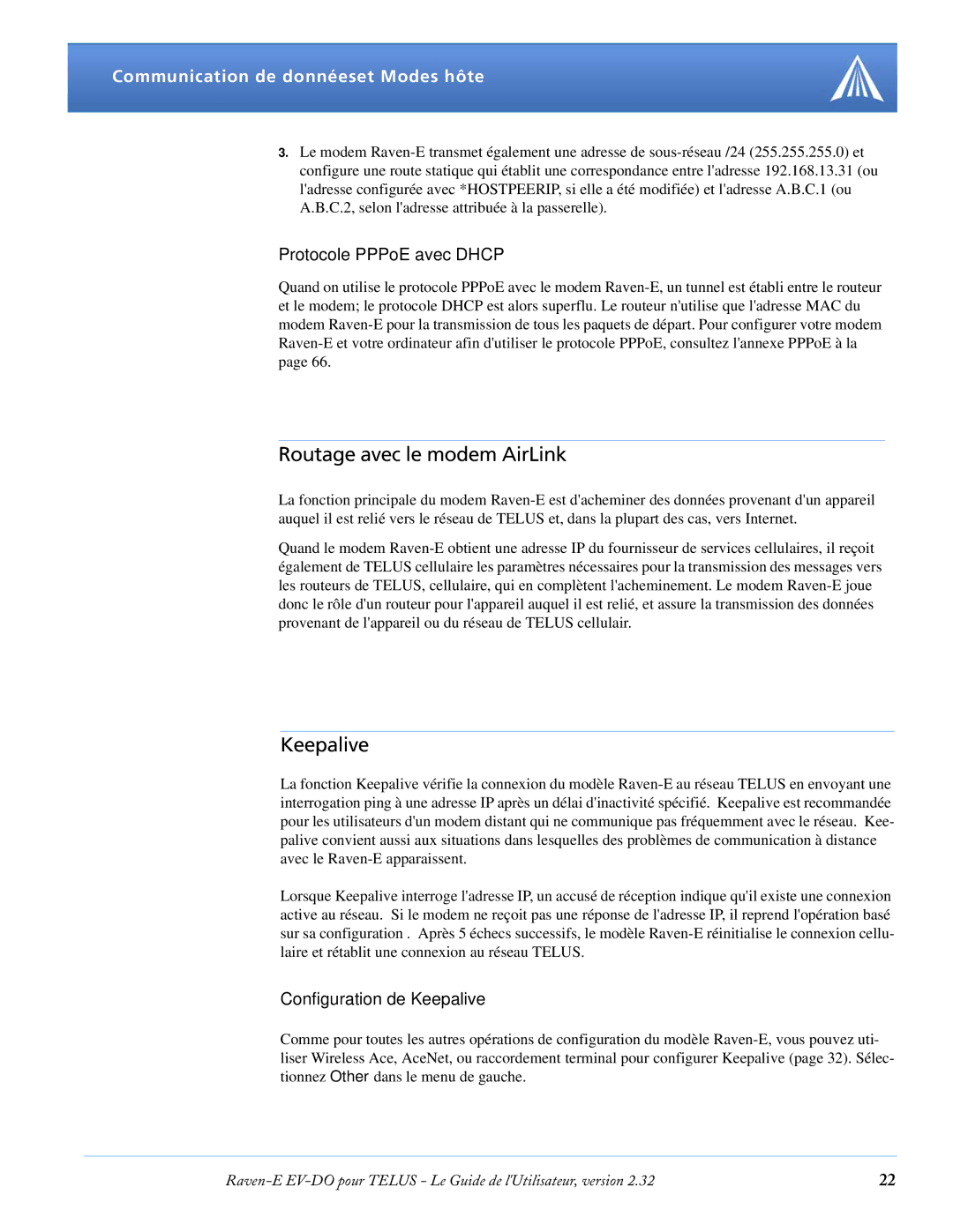 Airlink EV-DO manual Routage avec le modem AirLink, Protocole PPPoE avec Dhcp, Configuration de Keepalive 