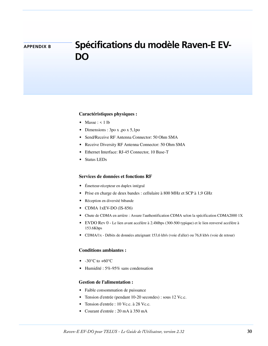 Airlink EV-DO manual Spécifications du modèle Raven-E EV, Caractéristiques physiques, Services de données et fonctions RF 