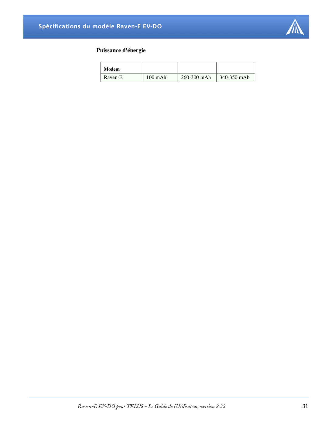 Airlink manual Spécifications du modèle Raven-E EV-DO, Puissance dénergie 