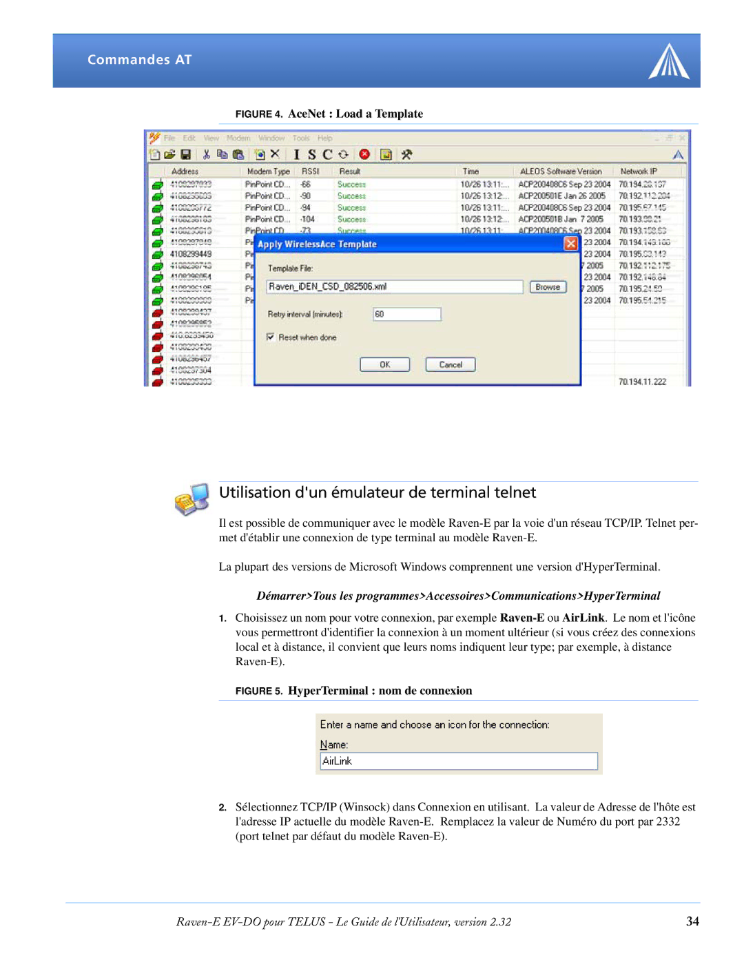 Airlink EV-DO manual Utilisation dun émulateur de terminal telnet, AceNet Load a Template 