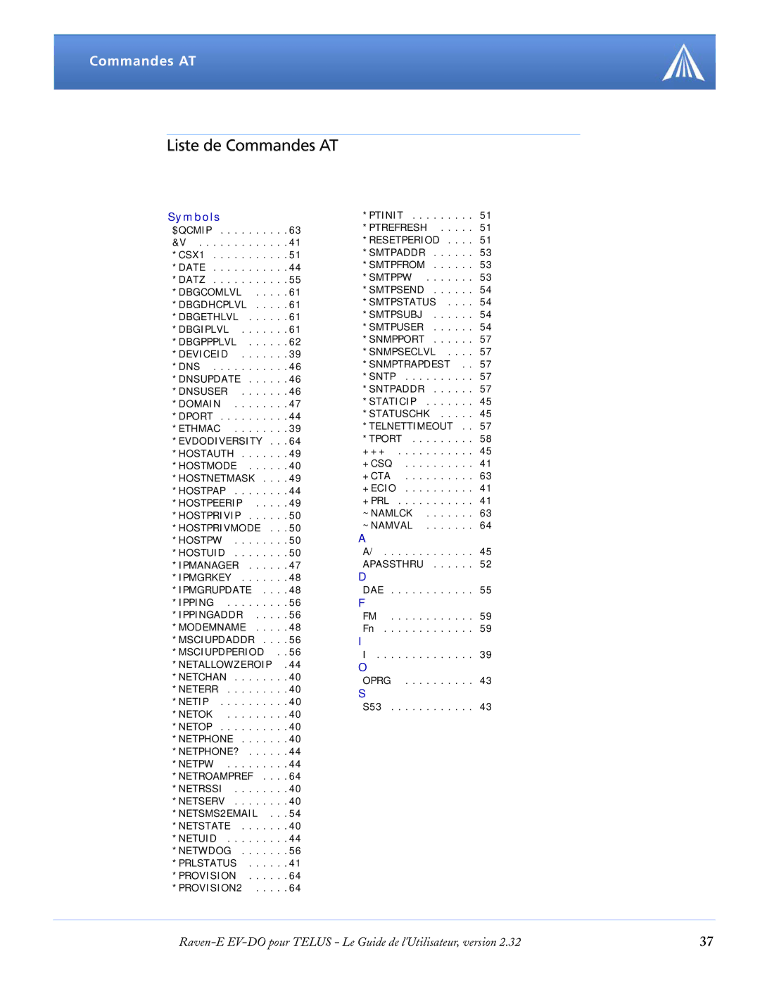 Airlink EV-DO manual Liste de Commandes AT, Symbols 