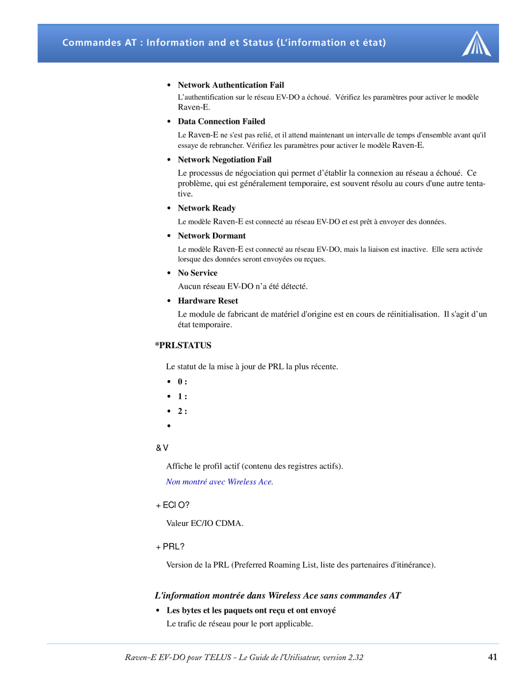 Airlink EV-DO manual Linformation montrée dans Wireless Ace sans commandes AT 