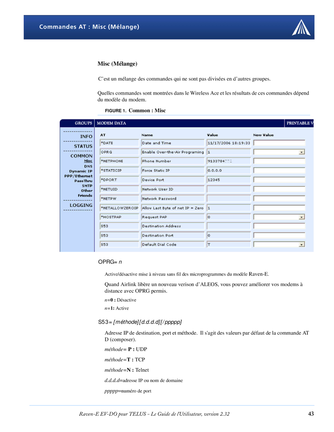 Airlink EV-DO manual Commandes AT Misc Mélange, OPRG=n 