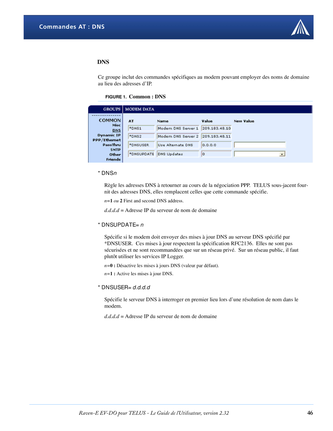 Airlink EV-DO manual Commandes AT DNS, DNSn, DNSUPDATE=n, DNSUSER=d.d.d.d 