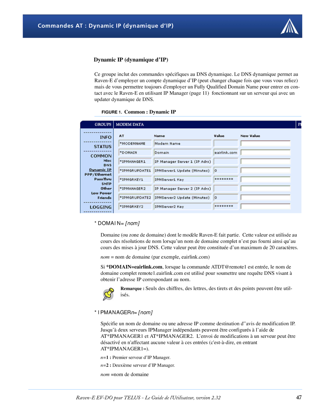 Airlink EV-DO manual Commandes AT Dynamic IP dynamique d’IP, DOMAIN=nom, IPMANAGERn=nom 