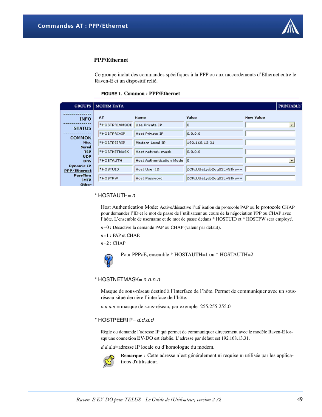 Airlink EV-DO manual Commandes AT PPP/Ethernet, HOSTAUTH=n, HOSTNETMASK=n.n.n.n, HOSTPEERIP=d.d.d.d 