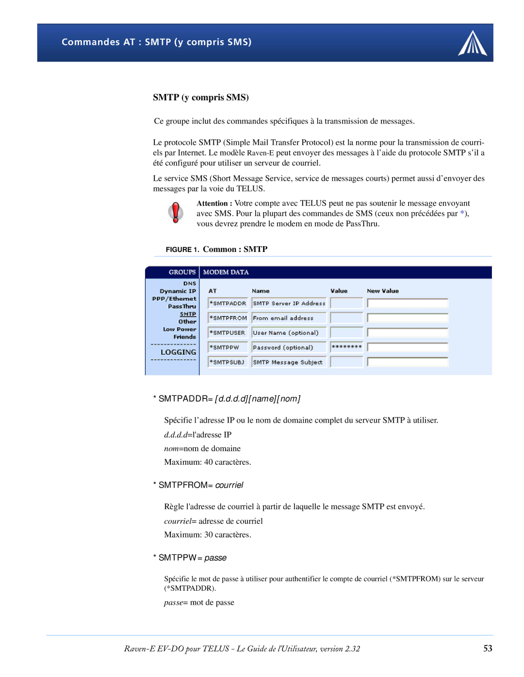 Airlink EV-DO manual Commandes AT Smtp y compris SMS, SMTPFROM=courriel, SMTPPW=passe 