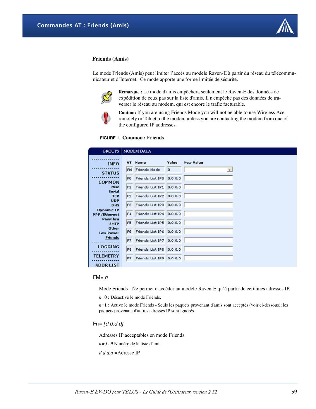 Airlink EV-DO manual Commandes AT Friends Amis, FM=n 