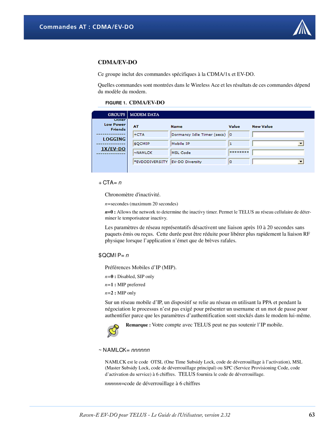 Airlink manual Commandes AT CDMA/EV-DO, +CTA=n, $QCMIP=n, ~NAMLCK=nnnnnn 