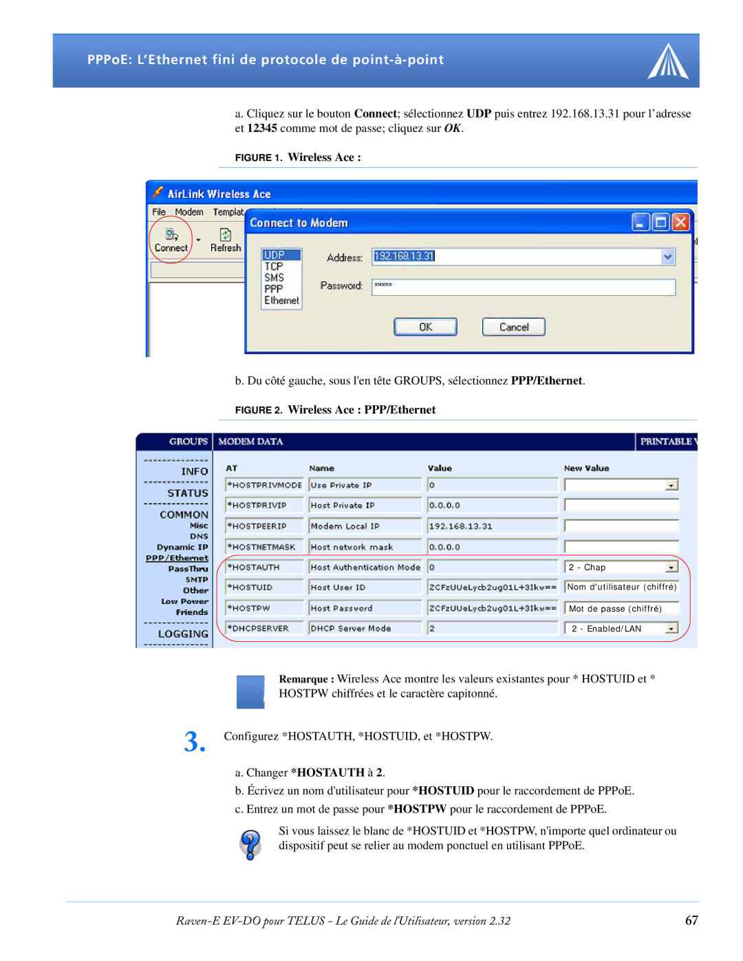 Airlink EV-DO manual PPPoE L’Ethernet fini de protocole de point-à-point, Wireless Ace PPP/Ethernet 