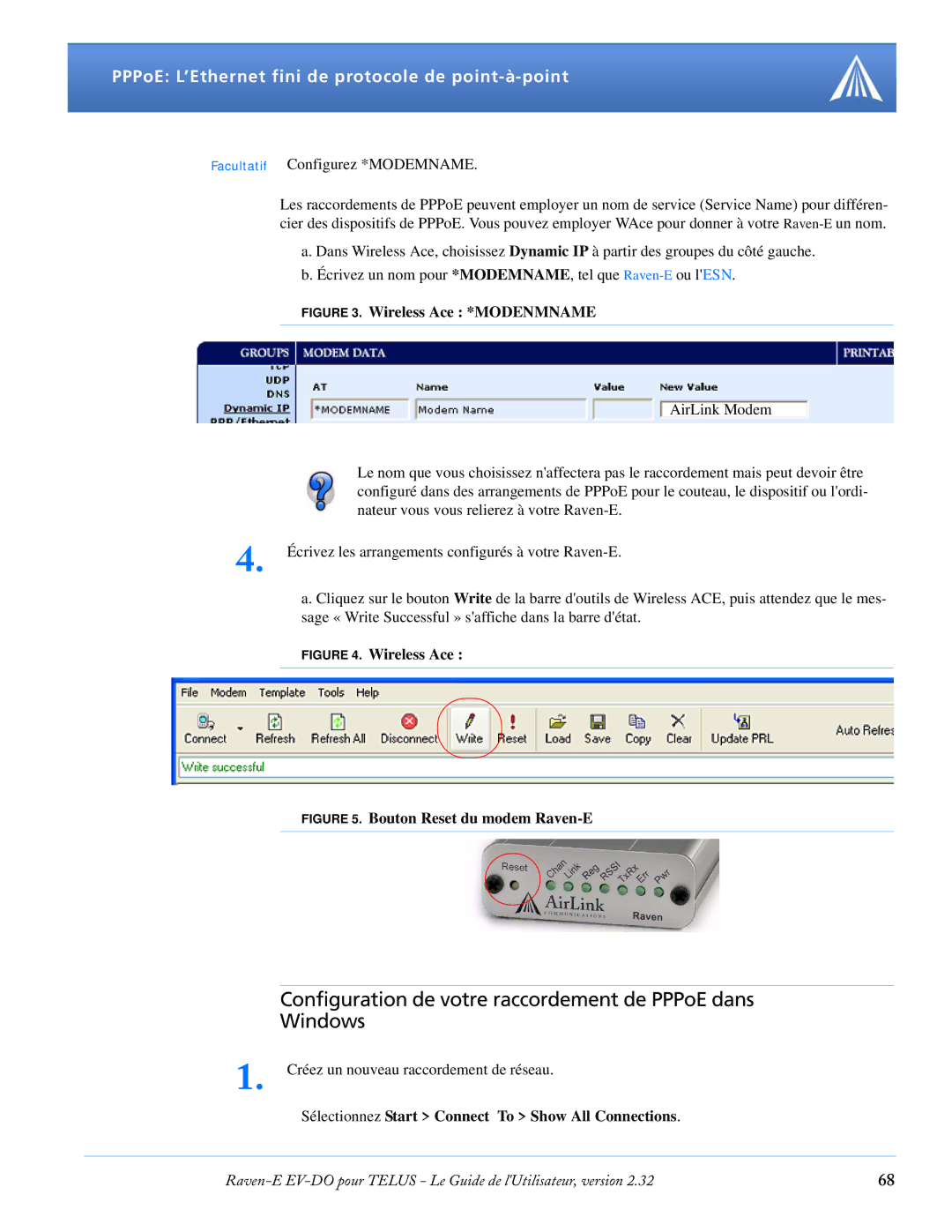 Airlink EV-DO manual Configuration de votre raccordement de PPPoE dans Windows, Wireless Ace *MODENMNAME 