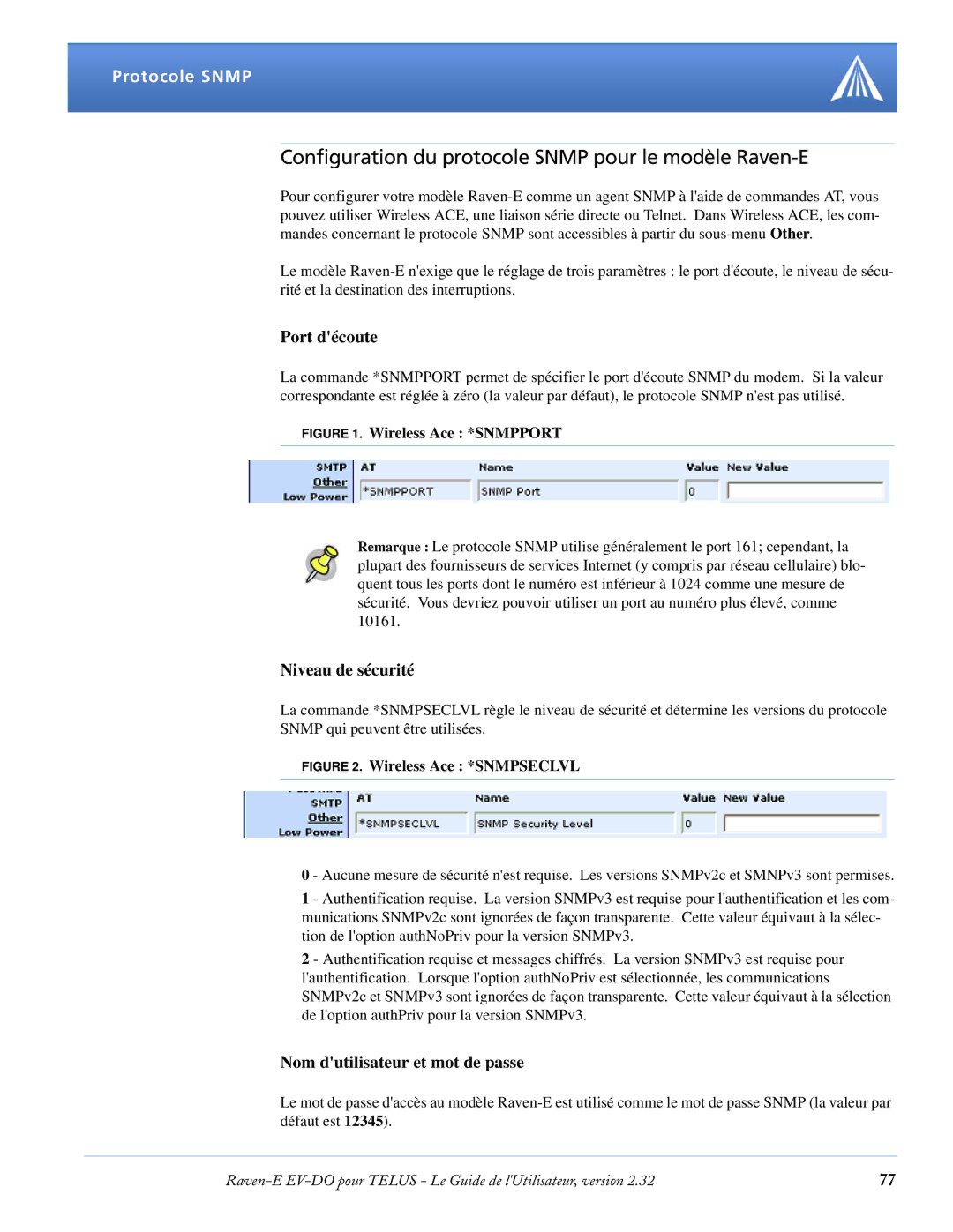 Airlink EV-DO Configuration du protocole Snmp pour le modèle Raven-E, Protocole Snmp, Port découte, Niveau de sécurité 