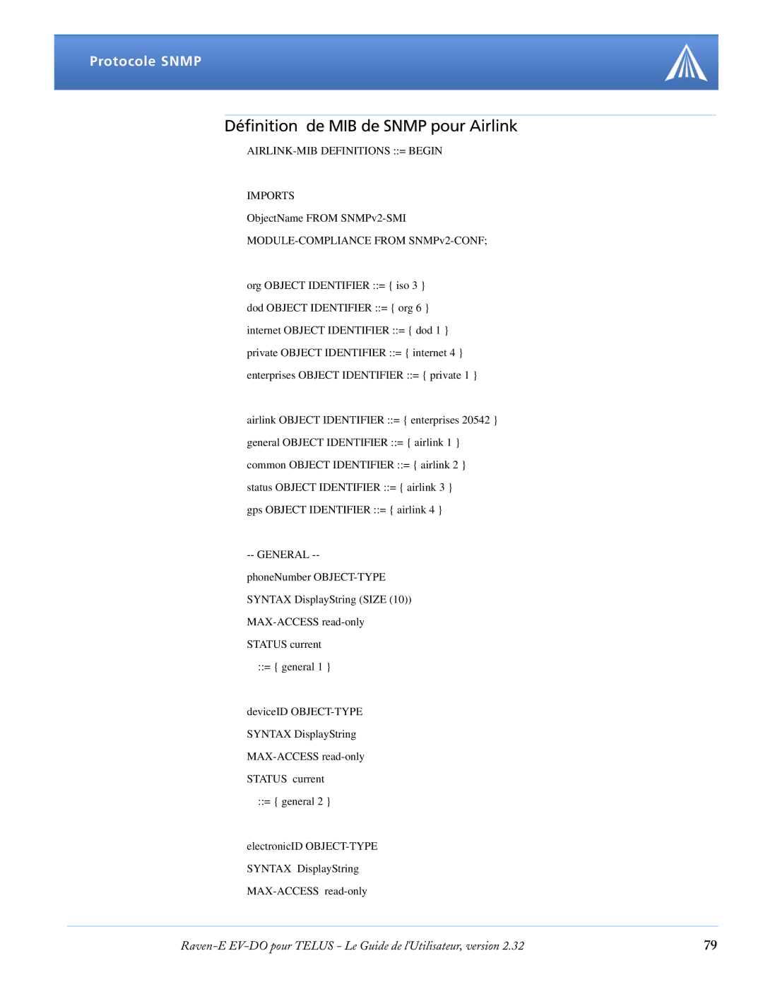 Airlink EV-DO manual Définition de MIB de Snmp pour Airlink, AIRLINK-MIB Definitions = Begin Imports 