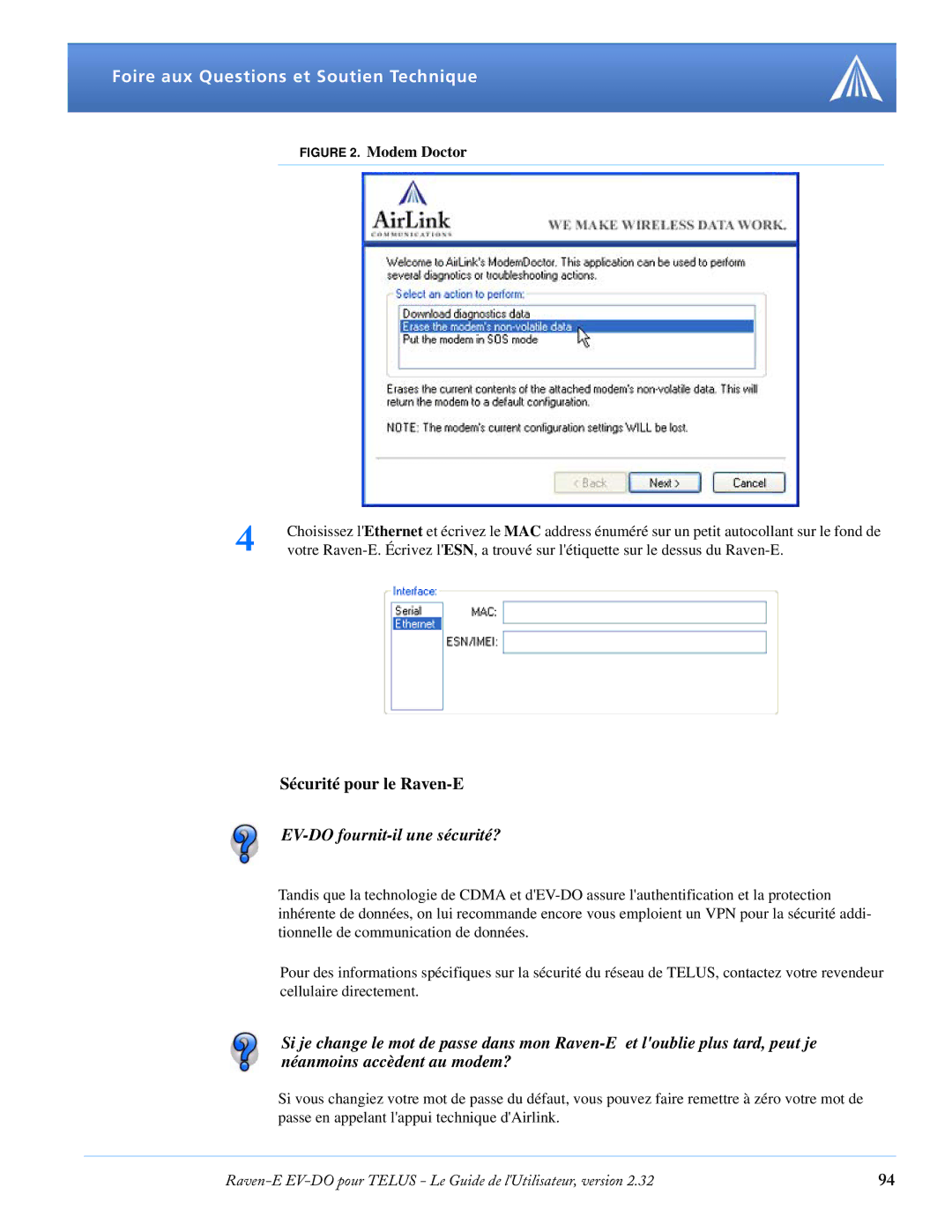 Airlink manual Sécurité pour le Raven-E, EV-DO fournit-il une sécurité? 