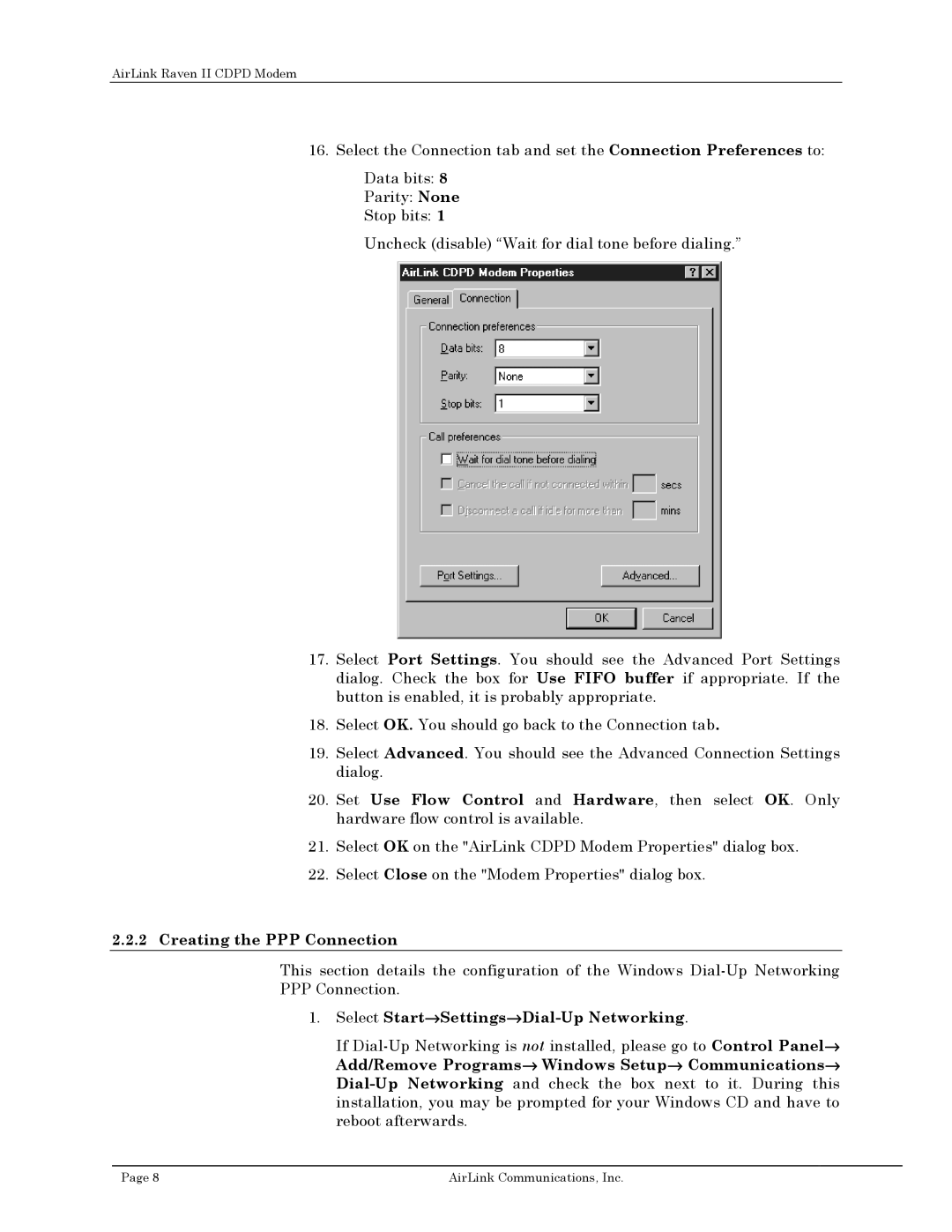 Airlink II user manual Creating the PPP Connection, Select Start→Settings→Dial-Up Networking 