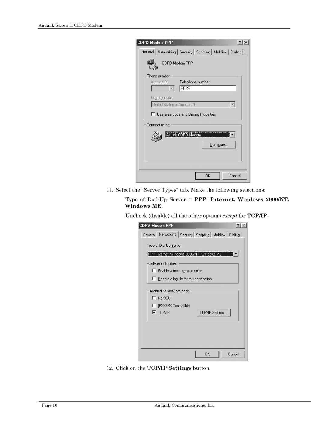 Airlink II user manual Select the Server Types tab. Make the following selections 