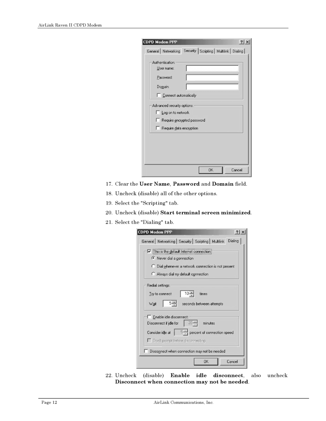 Airlink II user manual Clear the User Name, Password and Domain field, Uncheck disable Start terminal screen minimized 