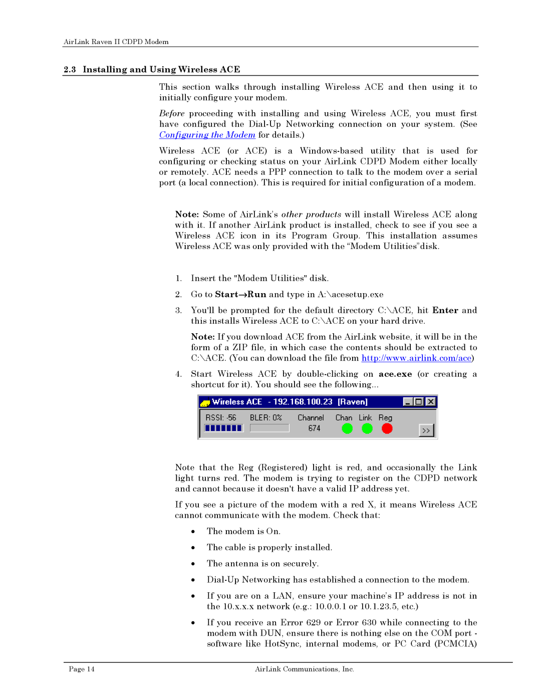 Airlink II user manual Installing and Using Wireless ACE 