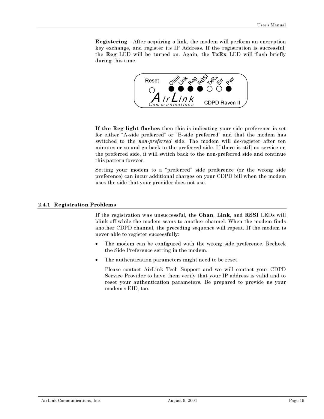 Airlink II user manual Registration Problems 