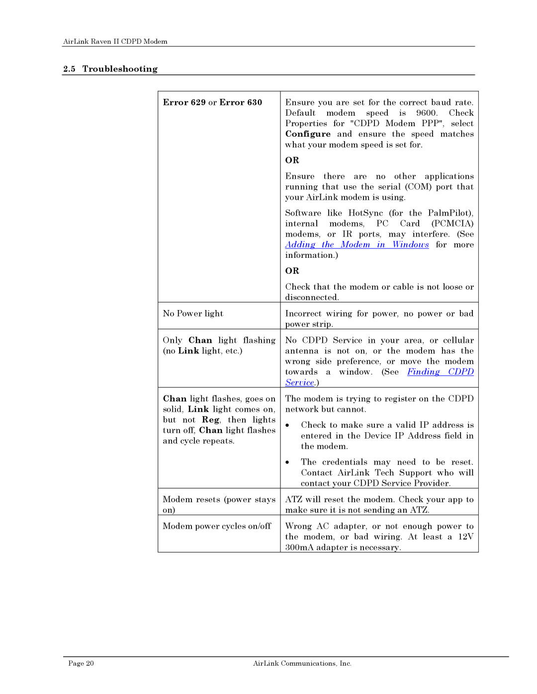 Airlink II user manual Troubleshooting Error 629 or Error, Adding the Modem in Windows for more 