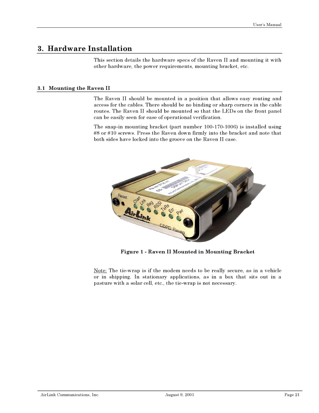 Airlink user manual Mounting the Raven, Raven II Mounted in Mounting Bracket 