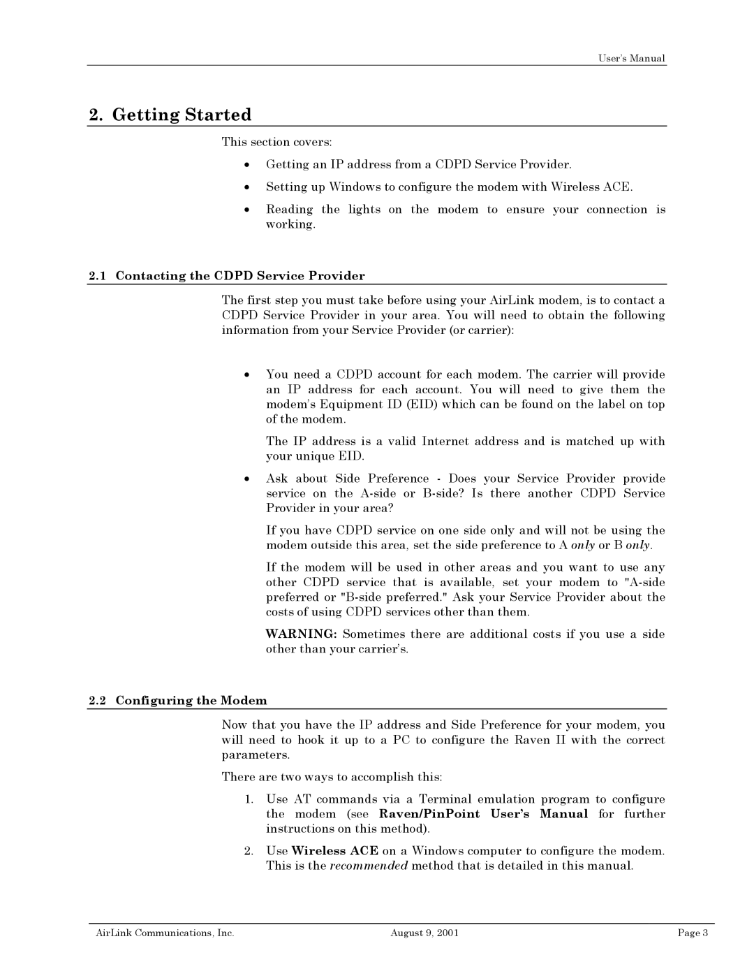 Airlink II user manual Contacting the Cdpd Service Provider, Configuring the Modem 