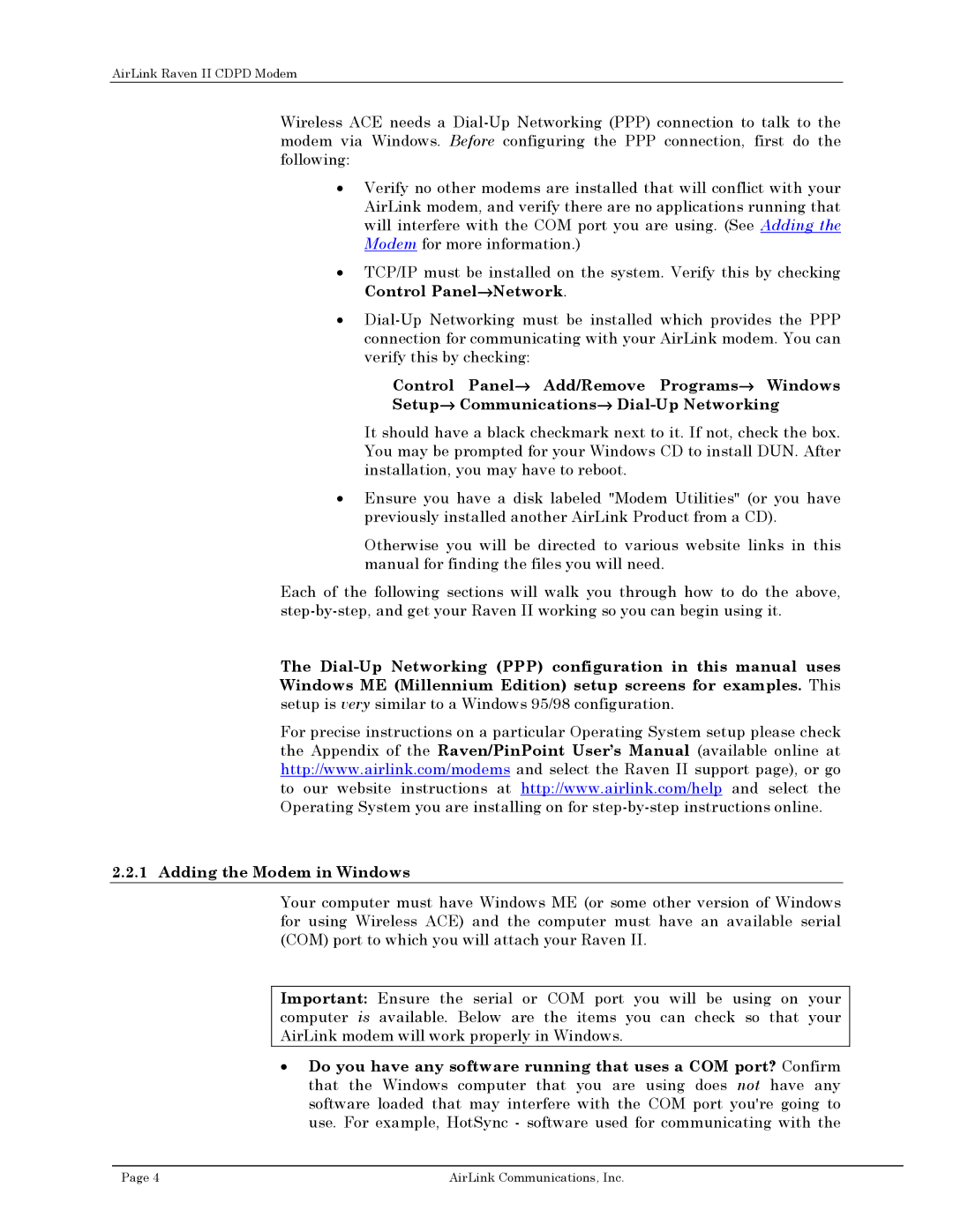 Airlink user manual AirLink Raven II Cdpd Modem 