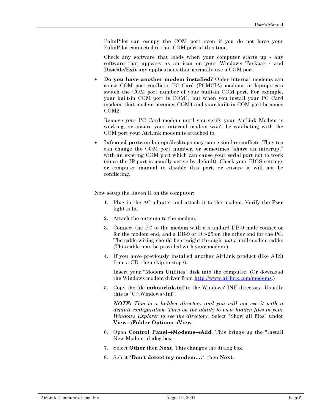 Airlink II user manual Select Don’t detect my modem…., then Next 