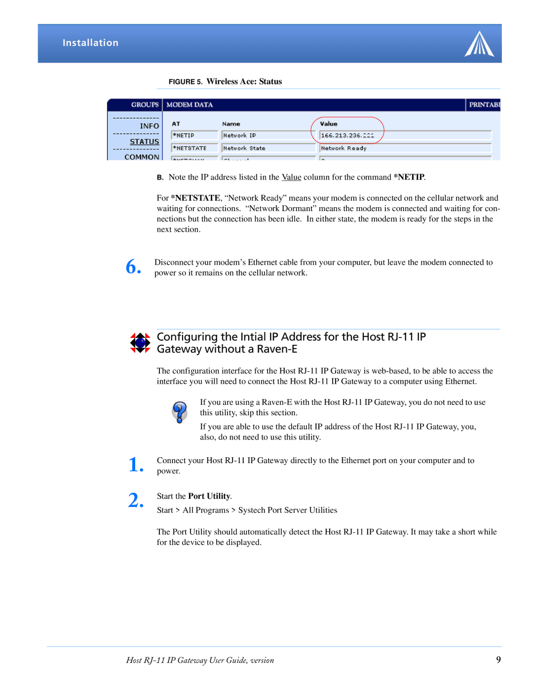 Airlink manual Configuring the Intial IP Address for the Host RJ-11 IP, Gateway without a Raven-E 