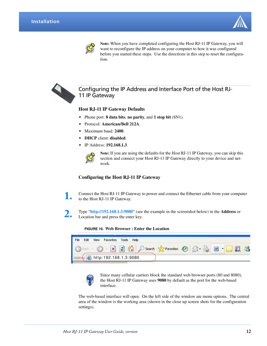 Airlink manual Host RJ-11 IP Gateway Defaults, Configuring the Host RJ-11 IP Gateway 