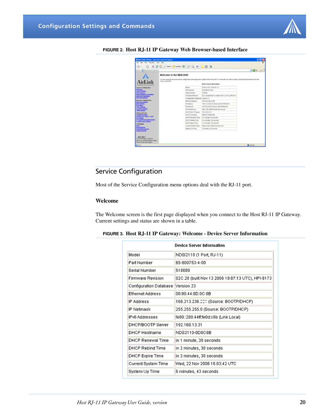 Airlink RJ-11 manual Service Configuration, Configuration Settings and Commands, Welcome 