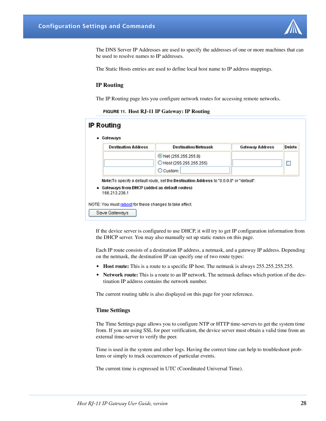 Airlink RJ-11 manual IP Routing, Time Settings 