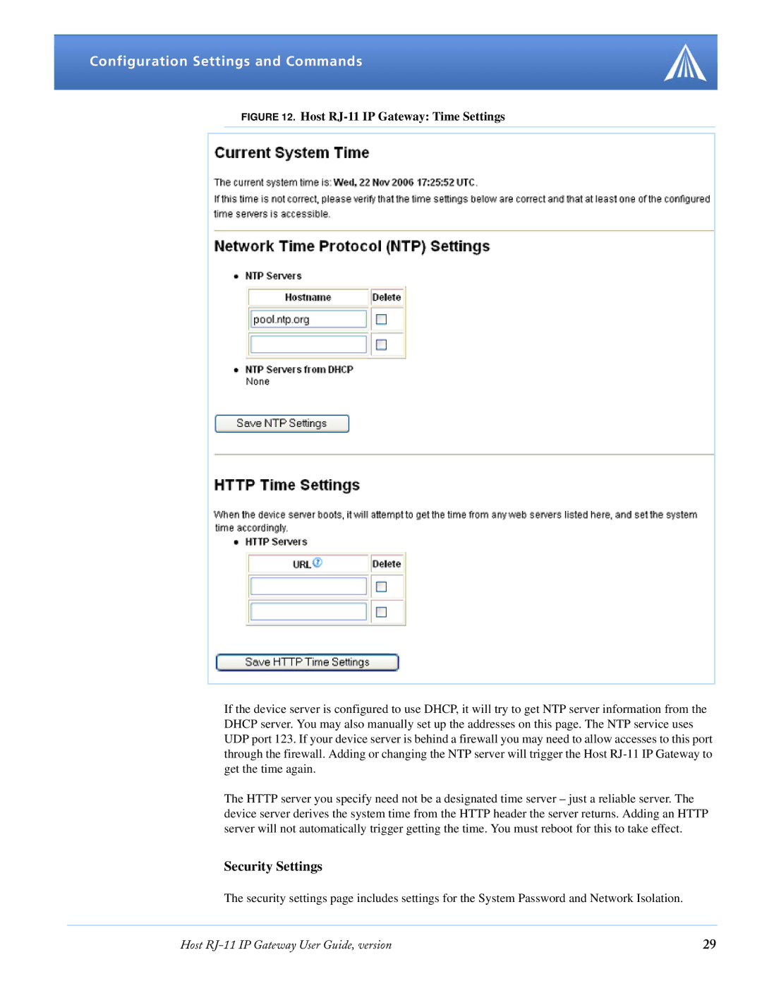 Airlink manual Security Settings, Host RJ-11 IP Gateway Time Settings 