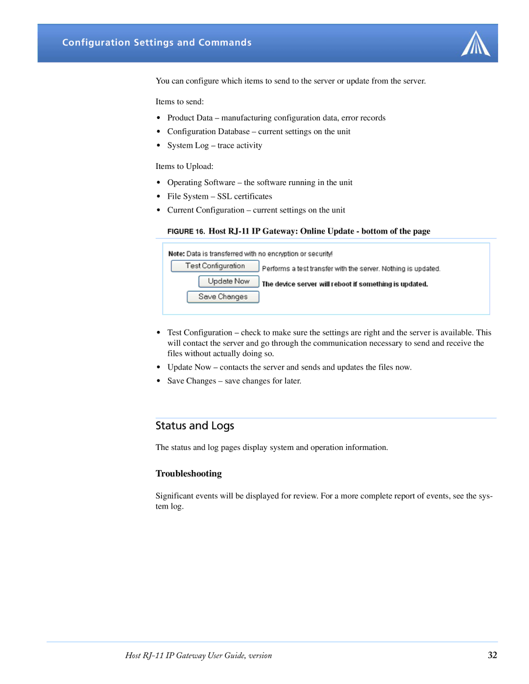 Airlink RJ-11 manual Status and Logs, Troubleshooting 