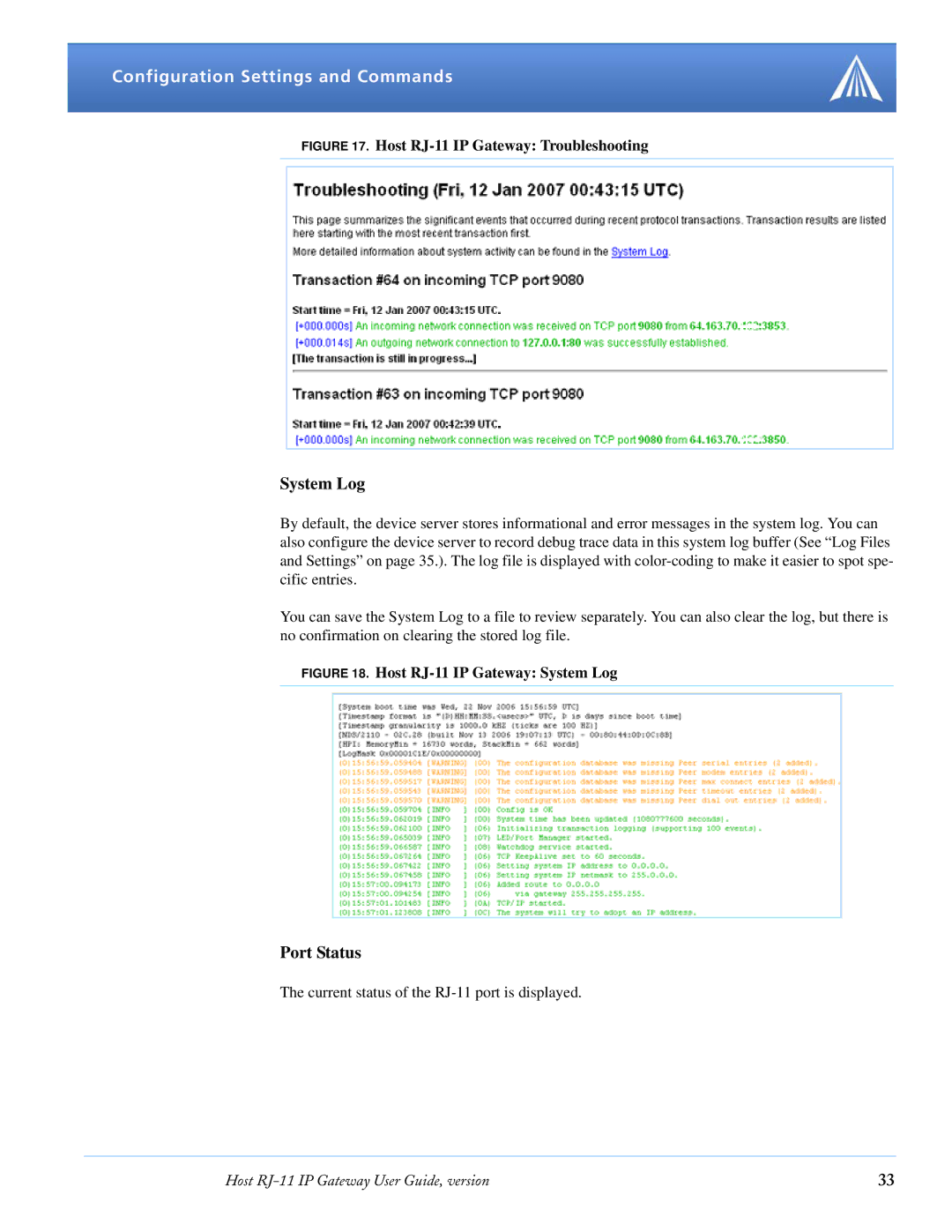 Airlink RJ-11 manual System Log, Port Status 