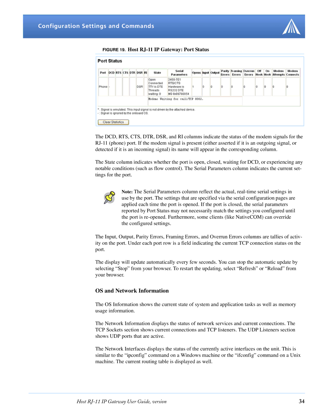 Airlink manual OS and Network Information, Host RJ-11 IP Gateway Port Status 