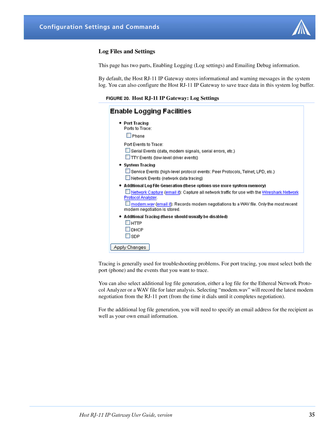 Airlink manual Log Files and Settings, Host RJ-11 IP Gateway Log Settings 