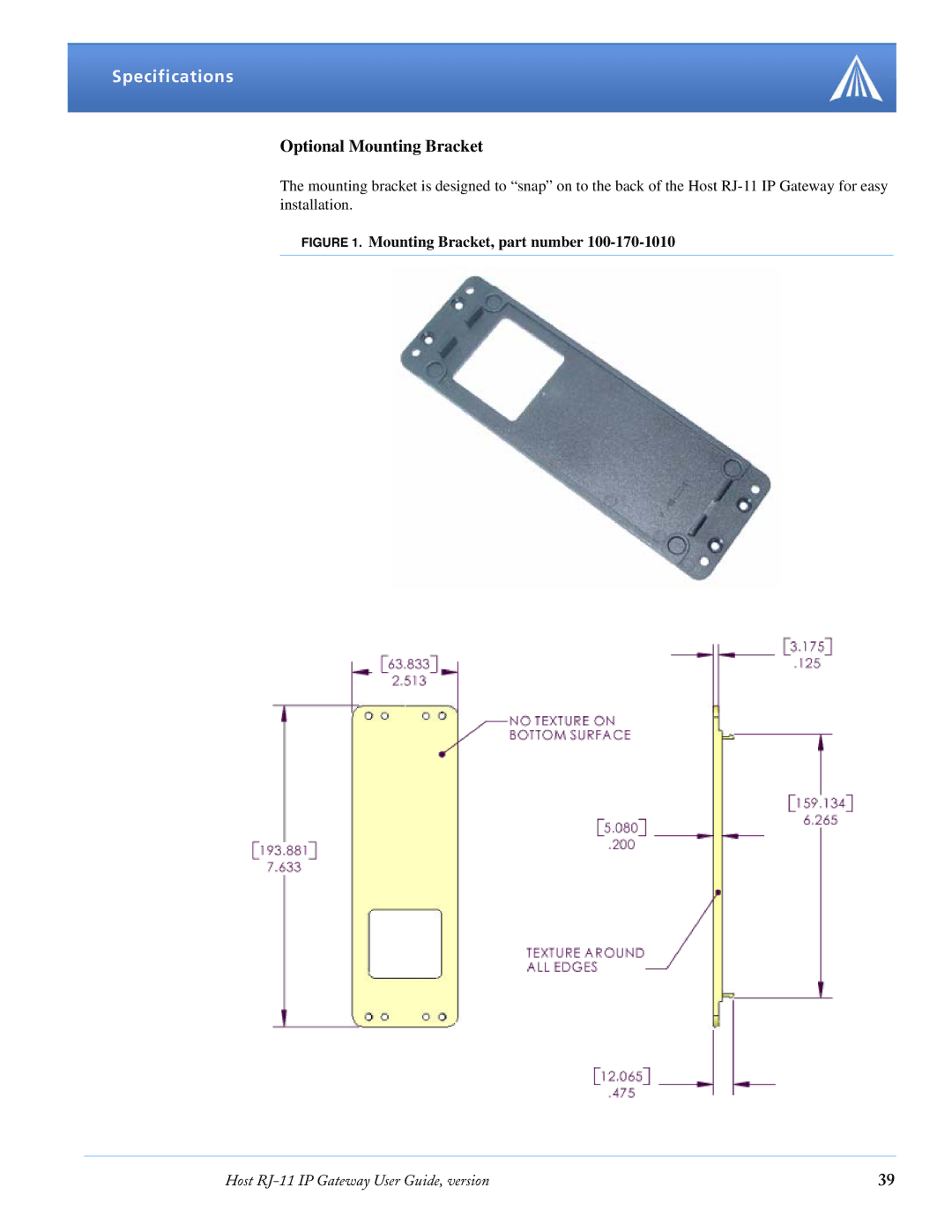 Airlink RJ-11 manual Specifications, Optional Mounting Bracket 